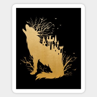 Fairy Tale Metallic Gold Wolf Castle and Trees Magnet